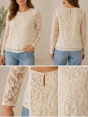 ECI New York Cream 3D Floral Rosette Lace Top - Pearl Button Cuffs - Size M